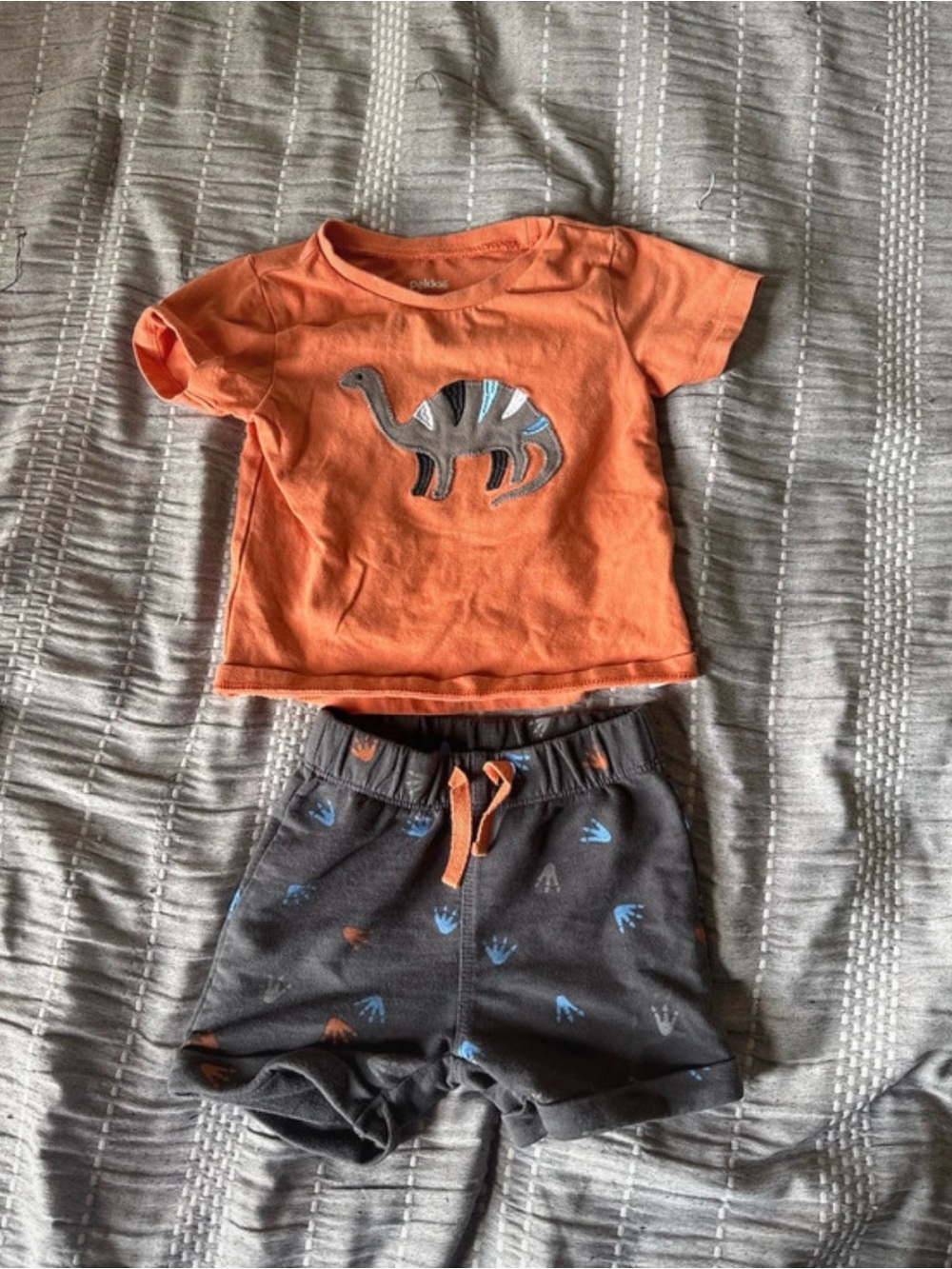 Kids Matching Orange Dino Tee & Gray Shorts Set